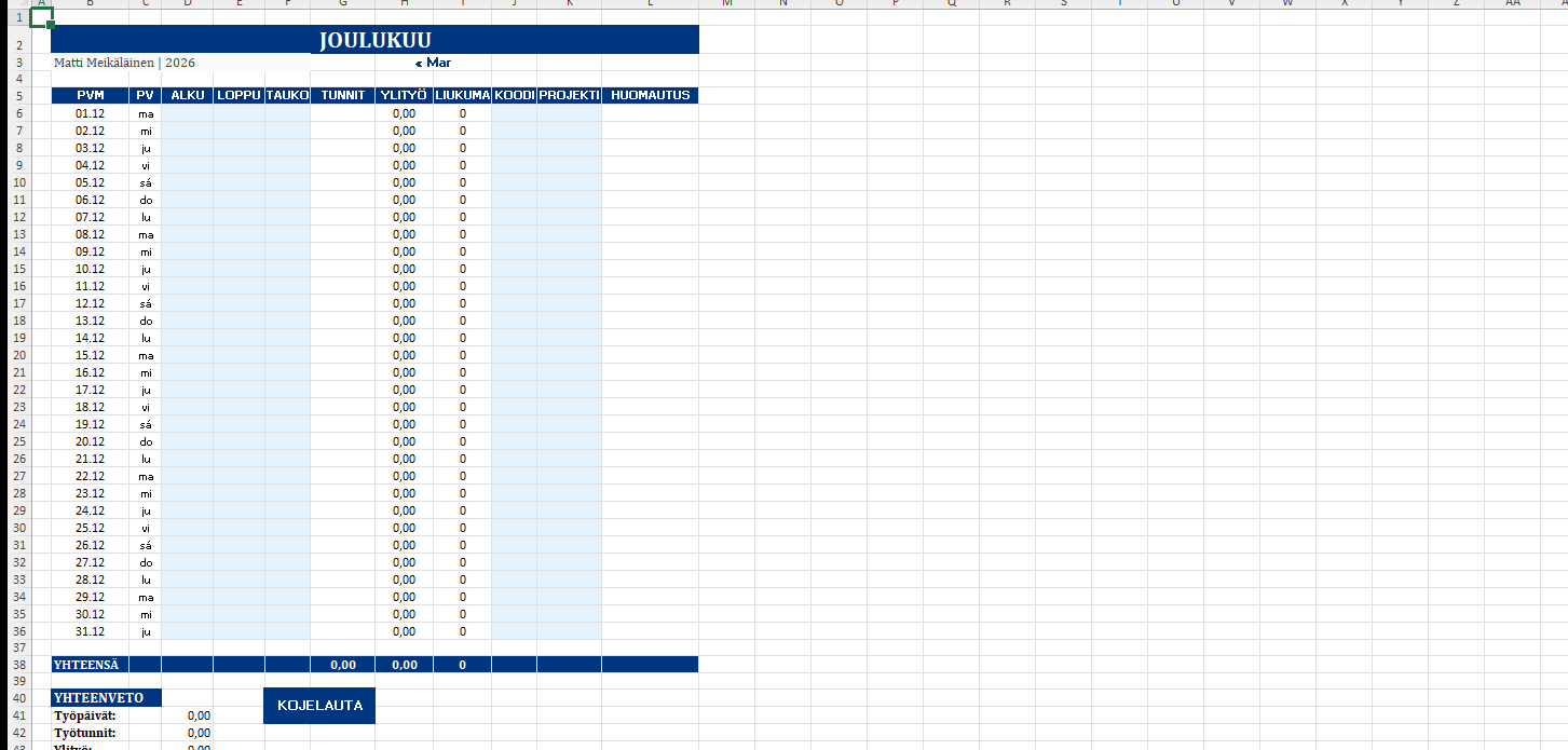 Tuntikirjanpito Excel joulukuu välilehti