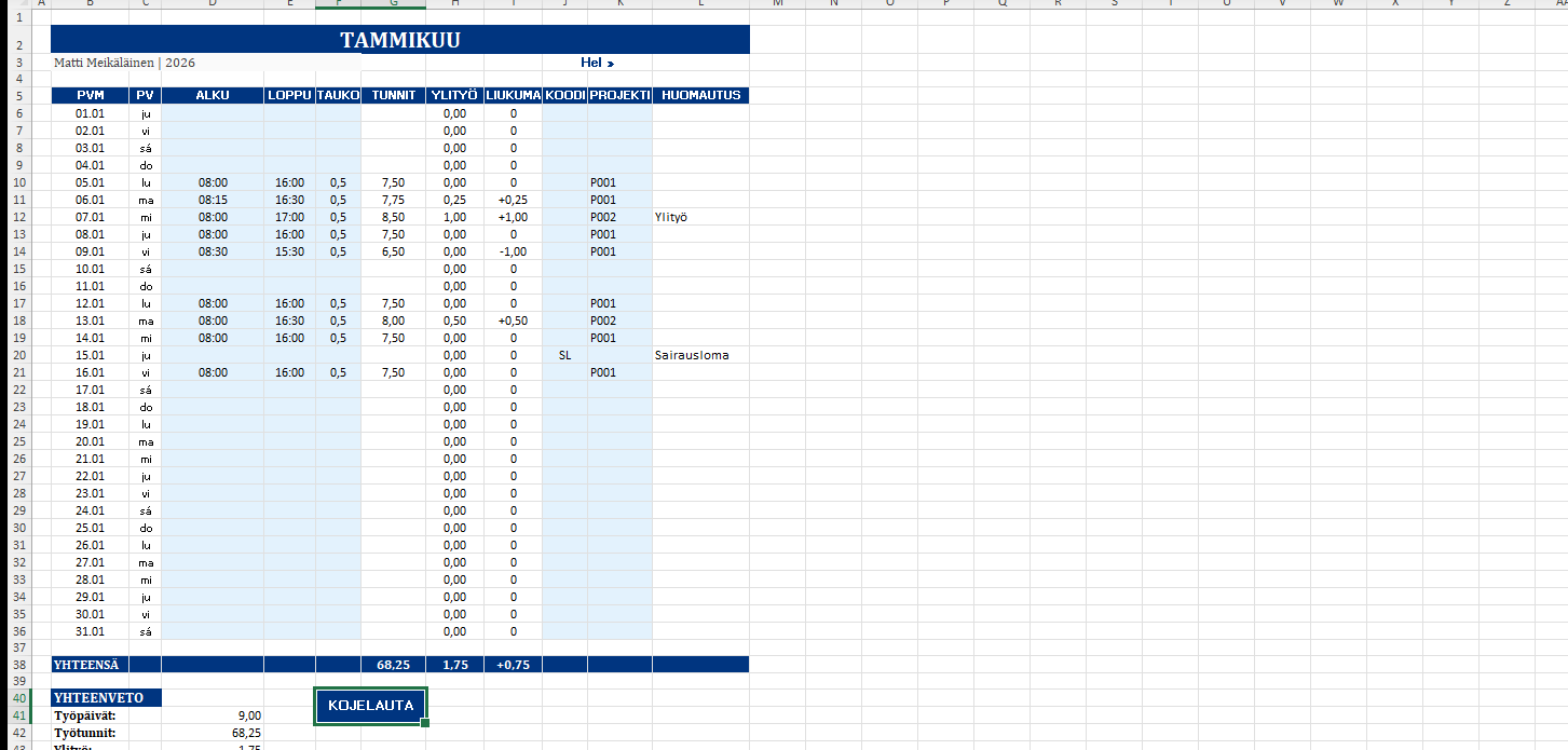 Tuntikirjanpito Excel kuukausivälilehti tammikuu