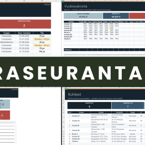 Vuokraseuranta Excel – yleiskuva kaikista välilehdistä