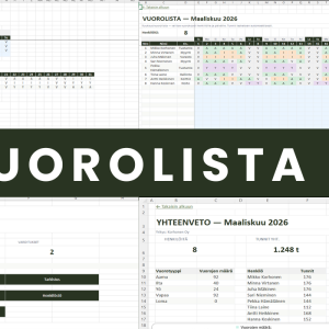 Työvuorolista Excel – kaikki 9 välilehteä näkymässä