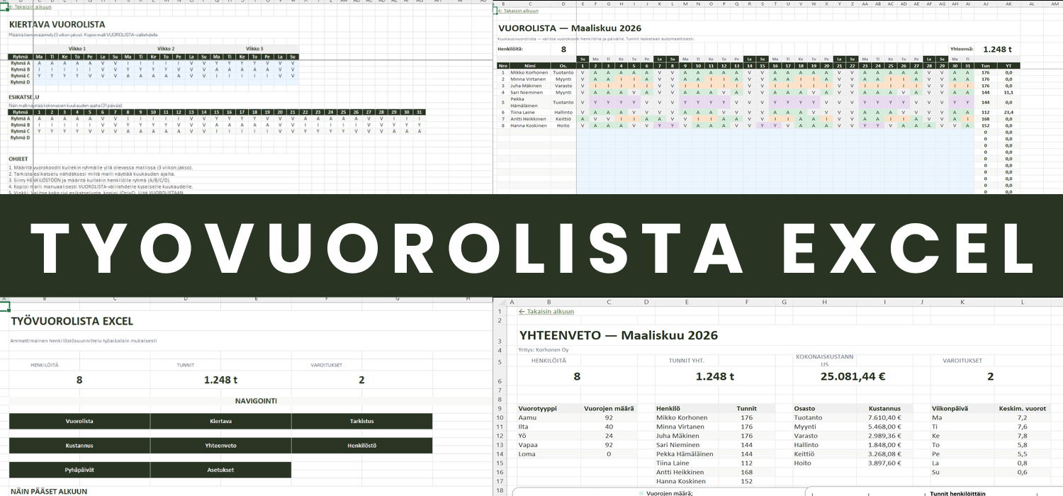 Työvuorolista Excel – kaikki 9 välilehteä näkymässä