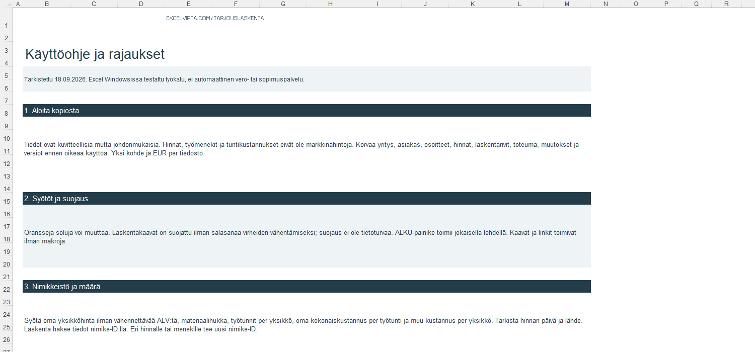 Suomenkielinen käyttöohje, rajaukset ja lähteet
