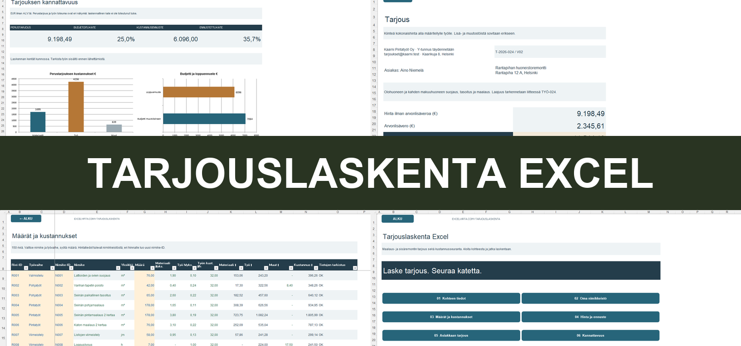 Tarjouslaskenta Excel – koonti, asiakastarjous, kustannuslaskenta ja aloitusvalikko