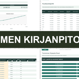 Toiminimen Kirjanpito Excel – talouden koonti, kuukausiraportti, tositteet ja aloitusvalikko